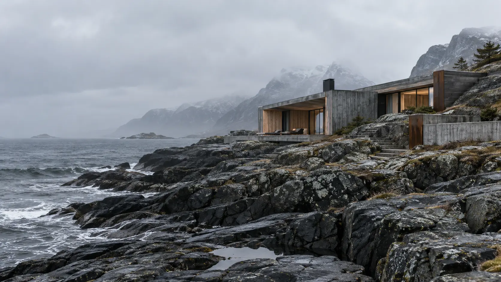 North Sea House embedded in a rocky Nordic coastline